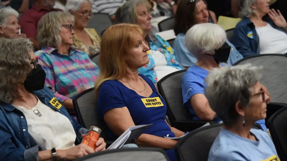 People in favor of election certification attend the Washoe County Commissioners meeting in Reno on July 16, 2024