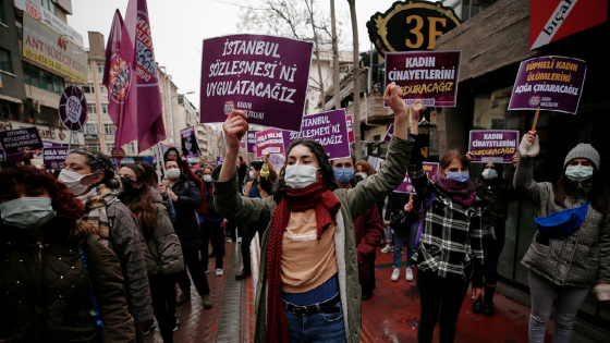 People participate in a protest against Turkeys withdrawal from the Istanbul Convention