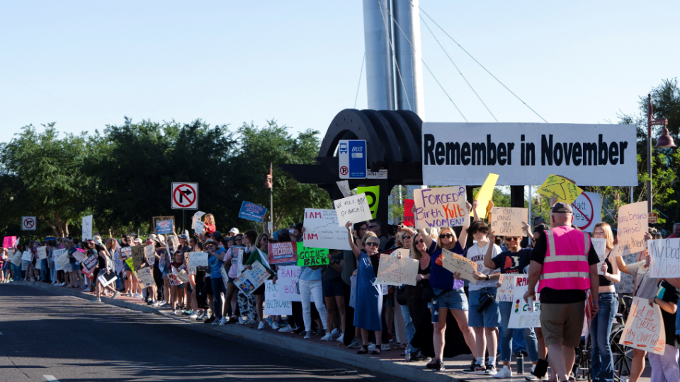 People protest in the district of Republican State Representative Matt Gress after Arizonas Supreme Court revived a law dating back to 1864 that bans abortion in virtually all instances, in Scottsdale, Arizona