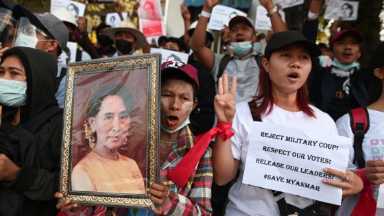 People rally against the military coup and to demand the release of elected leader Aung San Suu Kyi