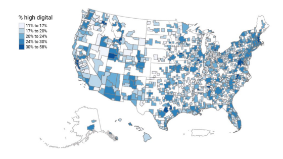 Percentage of high digital occupations across U.S. metropolitan and micropolitan areas, 2020 without title