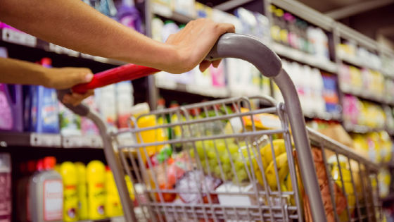 Person pushing cart in grocery store