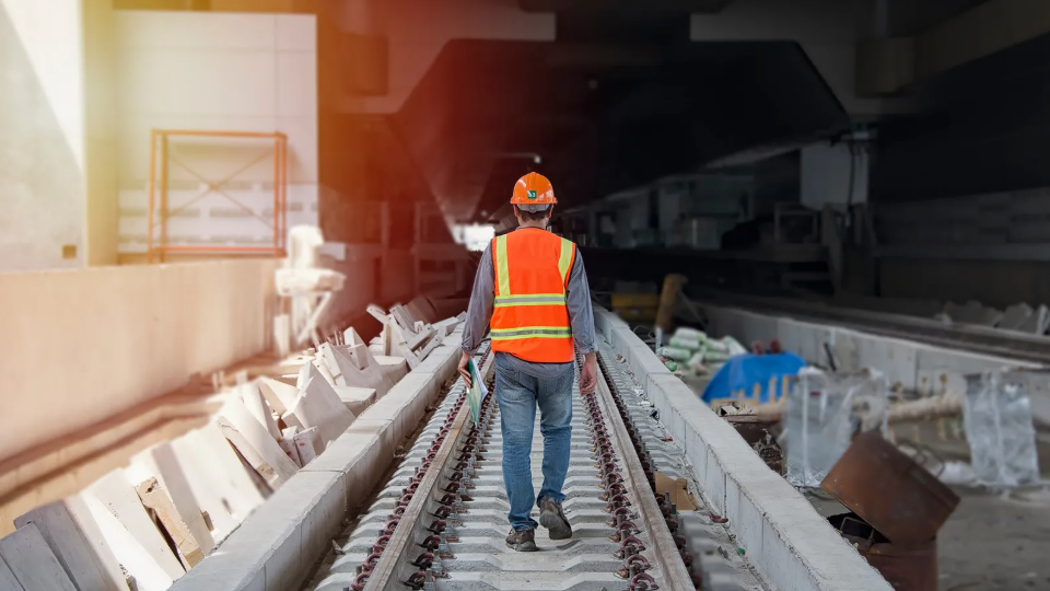 Person wearing safety gear walks in a construction site