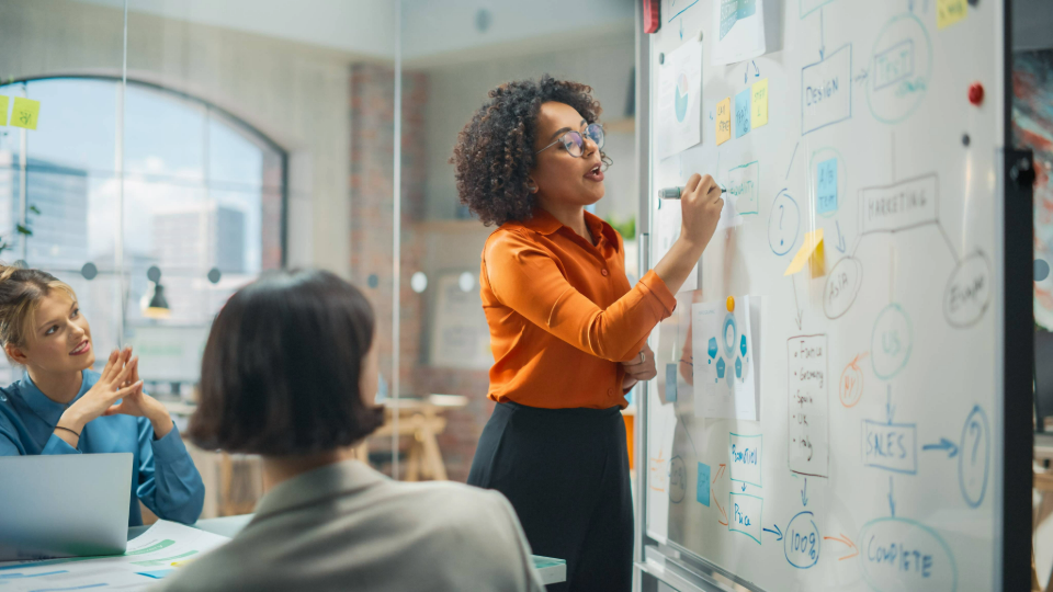 Person writes on whiteboard during a work meeting