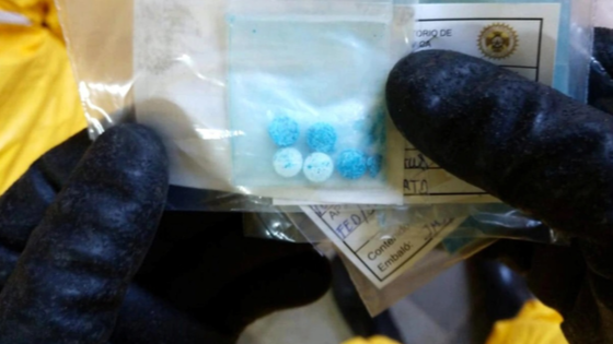 Pills seized at a clandestine drug processing laboratory of fentanyl