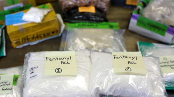 Plastic bags of Fentanyl are displayed on a table at the U.S. Customs and Border Protection