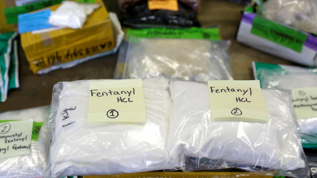 Plastic bags of fentanyl are displayed on a table at the U.S. Customs and Border Protection area in Chicago