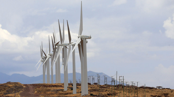 Power-generating wind turbines are seen at the Lake Turkana Wind Power project