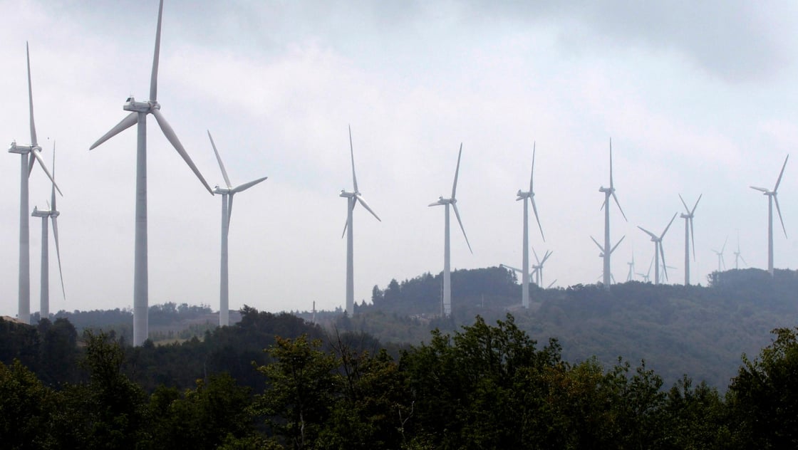 Power-generating windmill turbines form a wind farm on Backbone Mountain near Thomas, West Virginia