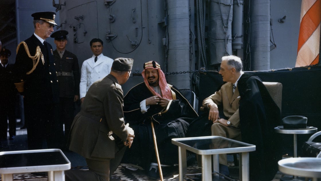 President Franklin D. Roosevelt meeting with Saudi King Abdul Aziz Ibn Saud on USS Quincy