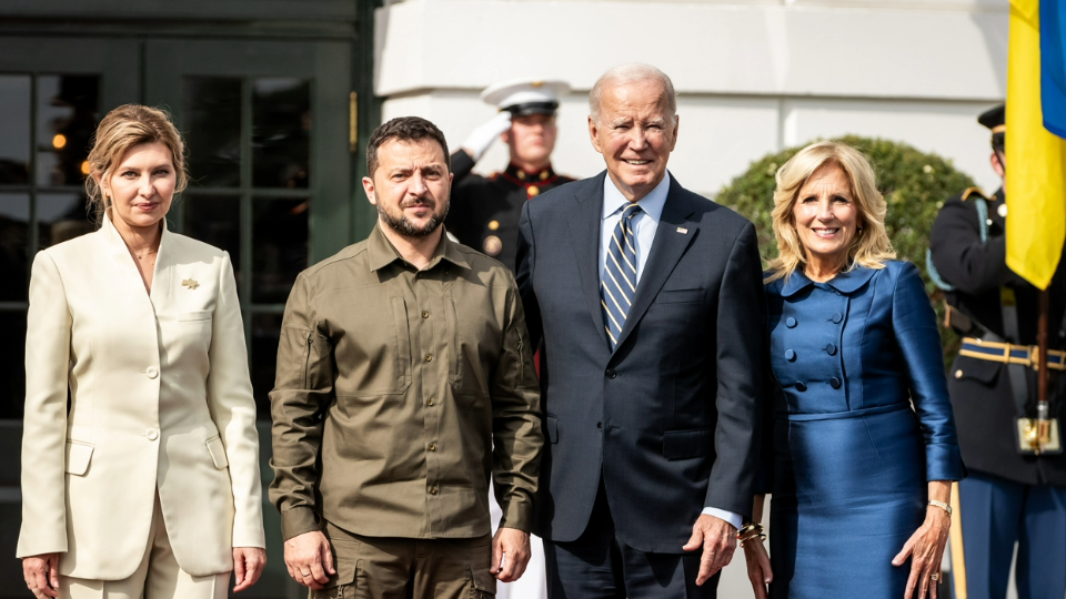 President Joe Biden and First Lady Dr. Jill Biden greet President Volodymyr Zelenskyy and Mrs. Olena Zelenska of Ukraine at the South Portico of the White House