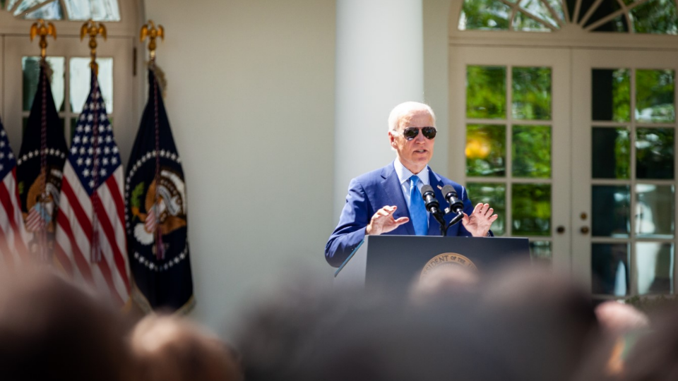 President Joe Biden gives a speech at the White House in Washington, D.C.