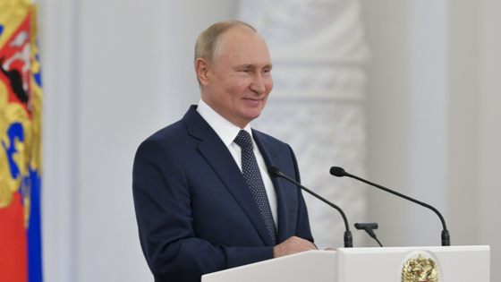 President Vladimir Putin speaks during a meeting with Tokyo 2020 medalists at the Moscow Kremlin