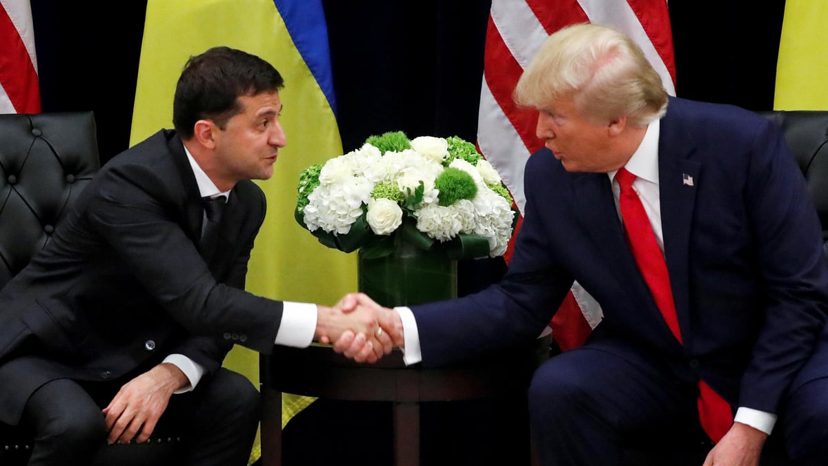 President Volodymyr Zelenskiy greets U.S. President Donald Trump during a bilateral meeting on the sidelines of the 74th session of the United Nations General Assembly, UNGA, in New York City