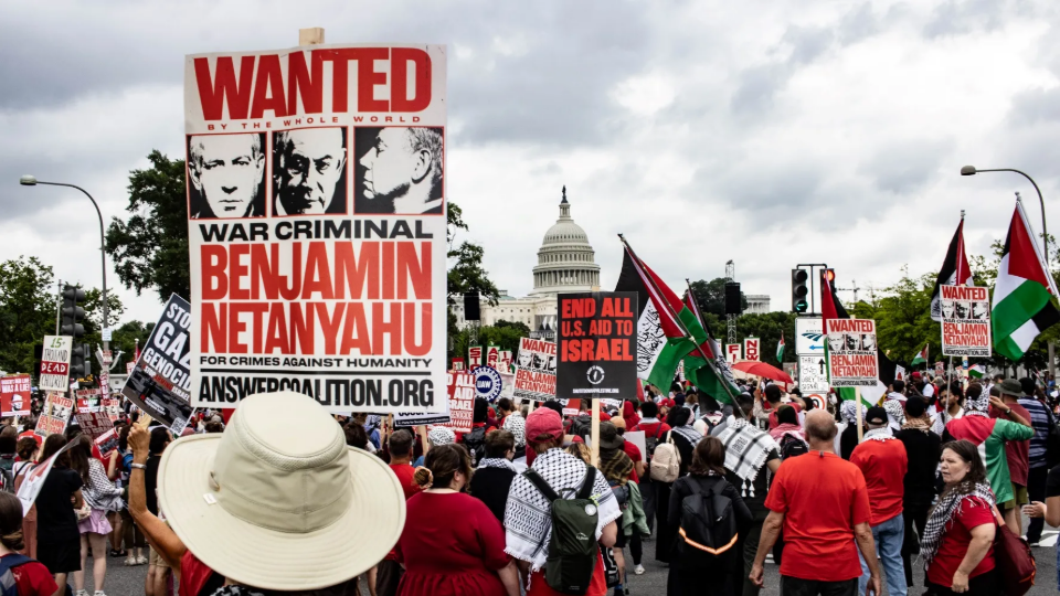 Pro-Palestine protesters demonstrate outside the Capitol Building in Washington, D.C., on July 24th, 2024