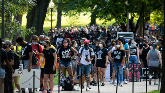 Protesters wait in near the Lincoln Memorial in Washington DC.