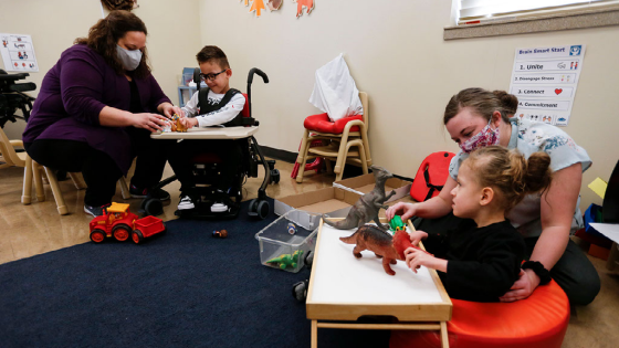 Republic Special Education teacher Stephanie Taylor and paraprofessional Jessica Stever work with preschool students