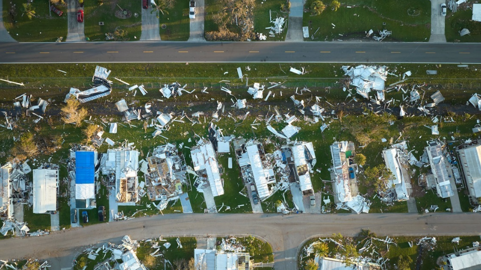 Residential area with homes destroyed by hurricane Ian.