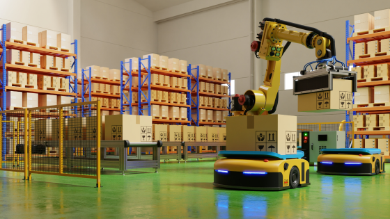 Robots moving boxes in warehouse