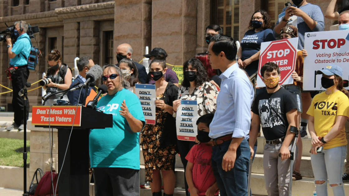 Rosie Castro addresses the rally for voting rights in front of the State Capital building in Austin