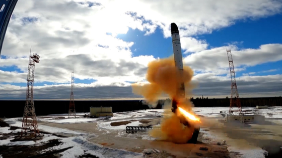 Russias launch of its new Sarmat super-heavy, land-based intercontinental ballistic missile, from a silo 