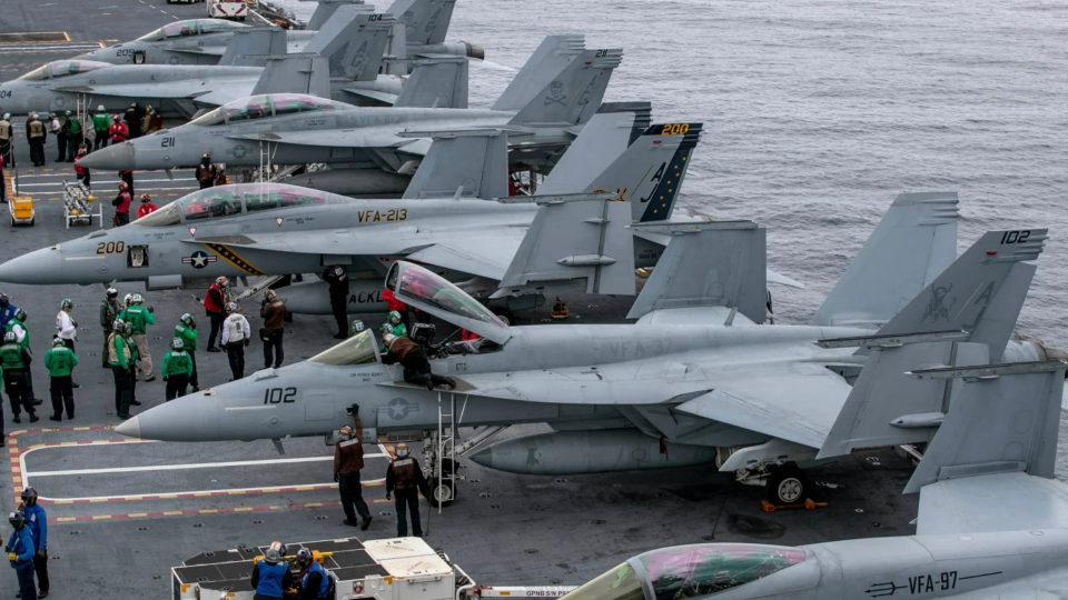 Sailors assigned to the aircraft carrier USS Gerald R. Ford conduct flight operations in the Atlantic Ocean