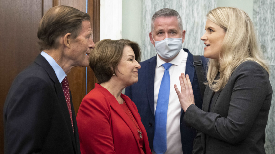 Sen. Richard Blumenthal and Sen. Amy Klobuchar speak with former Facebook employee Frances Haugen