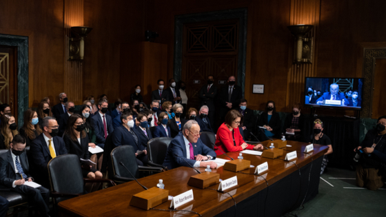 Senator Chuck Schumer (D-N.Y), the Senate Majority Leader, introduces judicial nominees during a Senate Judiciary Committee confirmation hearing for federal judges