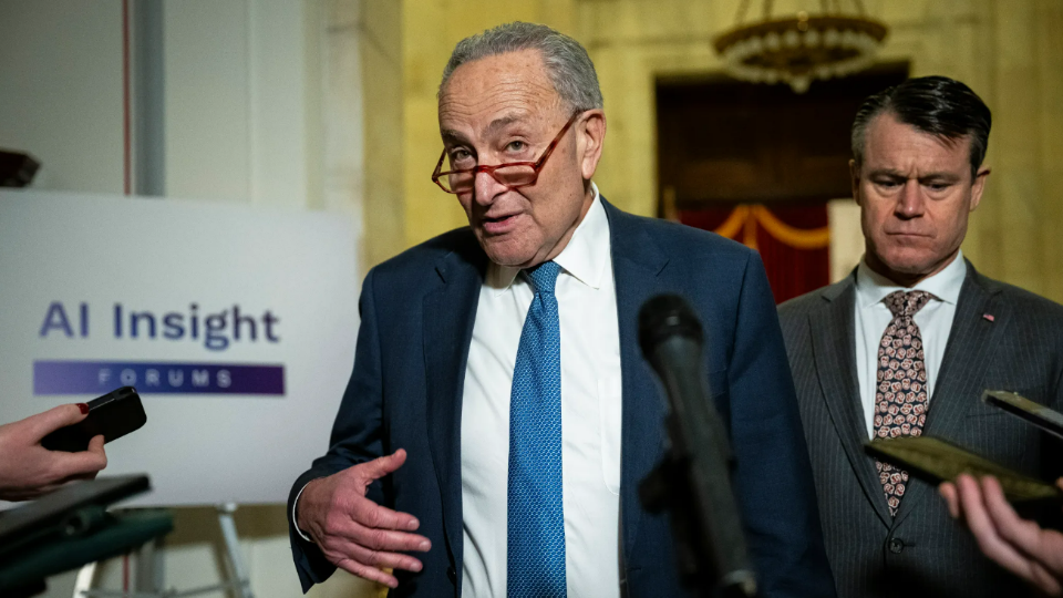 Senator Chuck Schumer and Senator Todd Young speak to media after the conclusion of an Artificial Intelligence Insight Forum