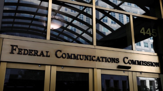 Signage is seen at the headquarters of the Federal Communications Commission