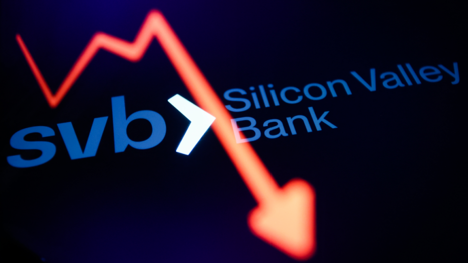 Silicon Valley Bank logo displayed alongside a red downward trending arrow