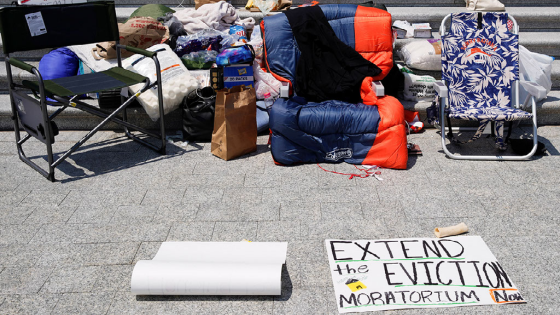 Sleeping bag and other items near the steps of the U.S. Capitol