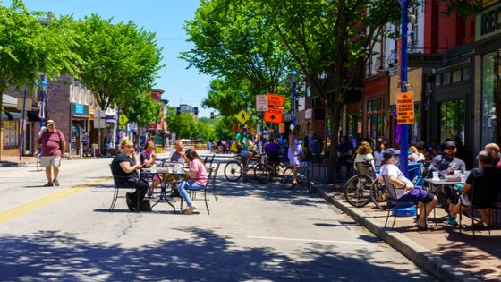 Socially-distanced restaurant seating in Phoenixville, PA,