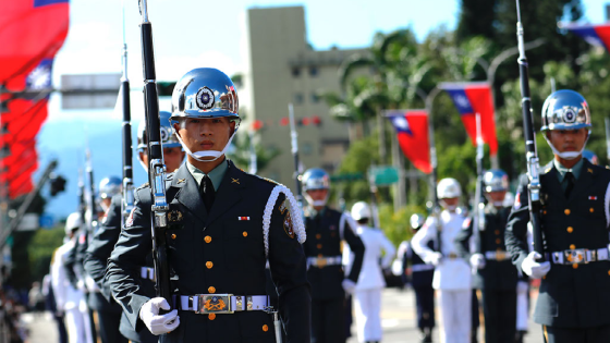 Soldiers take part in a parade during the National Day Celebration in Taipei