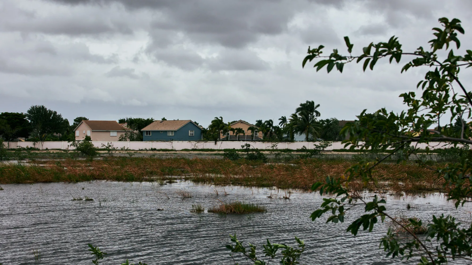 Standing water seen in front of houses after a storm