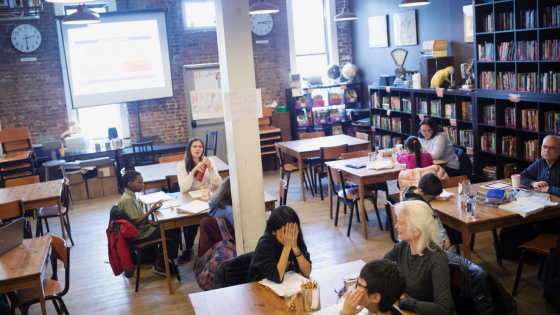 Students take part in after school programs at the educational nonprofit 826NYC in the back of a Brooklyn Superhero Supply Co. store