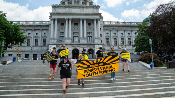 Sunrise Movement members rallied at the Pennsylvania State Capitol in Harrisburg