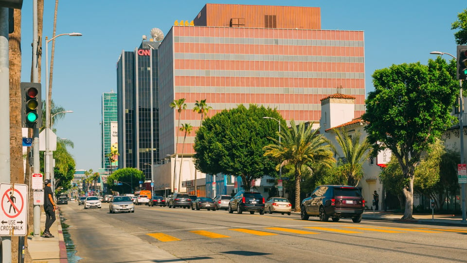 Sunset Boulevard in West Hollywood on a bright sunny day.