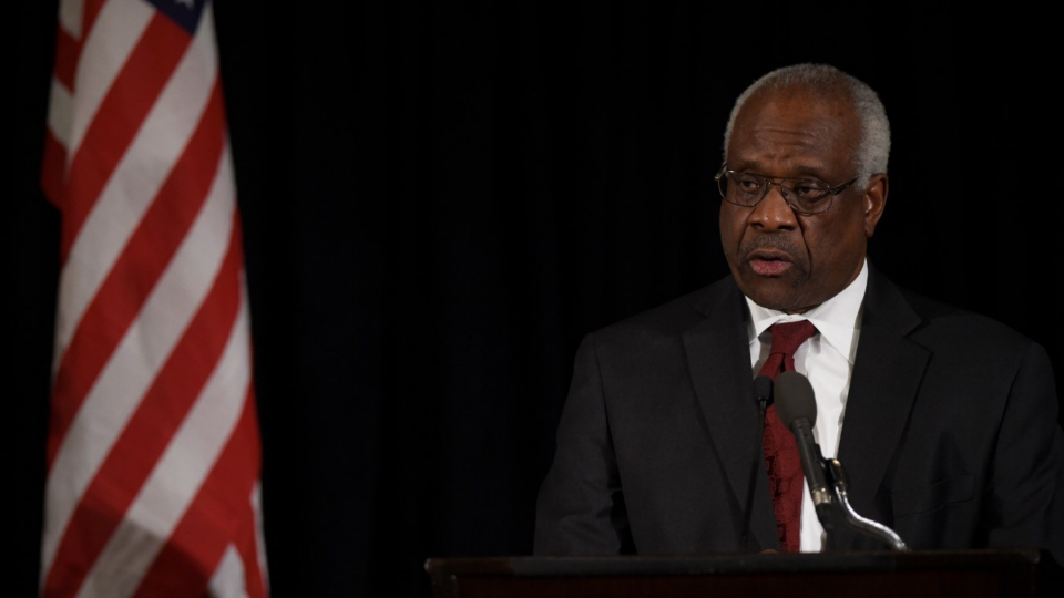 Supreme Court Justice Clarence Thomas speaks at the memorial service for Supreme Court Justice Antonin Scalia at the Mayflower Hotel in Washington, D.C.