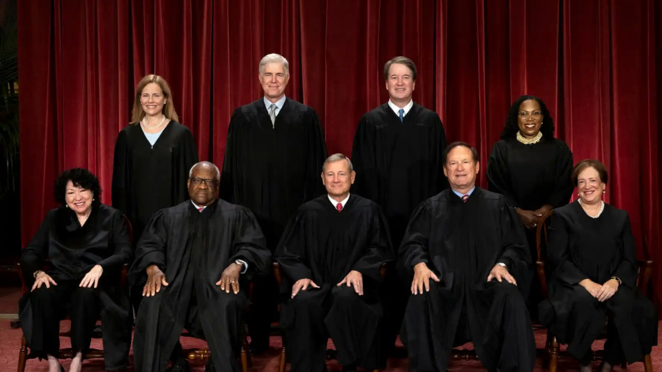 Supreme Court justices pose for their group portrait at the Supreme Court building in Washington, U.S., October 7, 2022