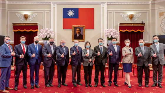 Taiwan President Tsai Ing-wen poses for a group photograph with U.S. delegation