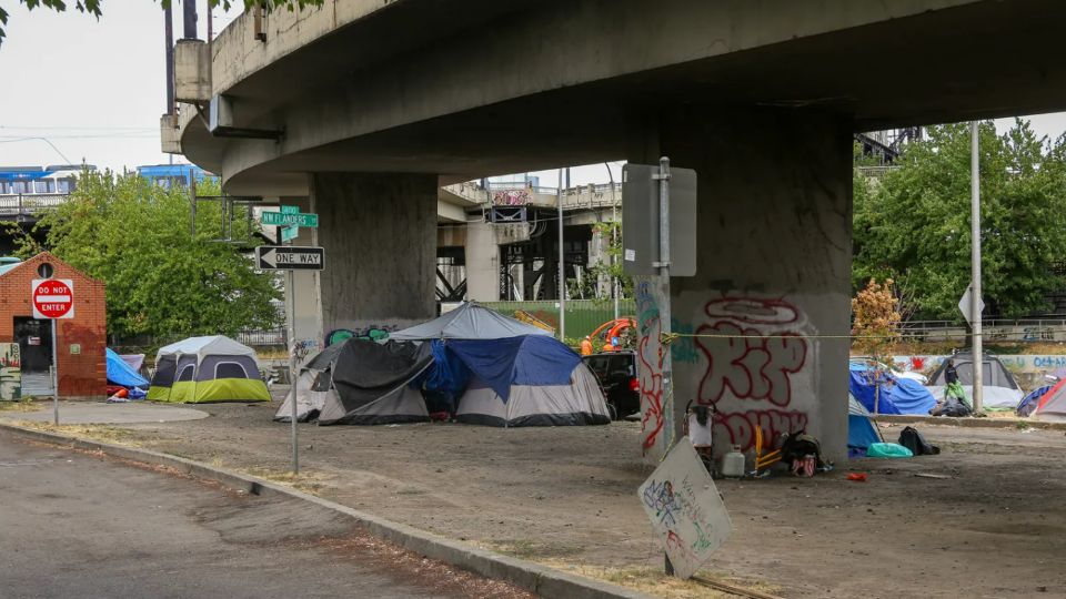 Tents under a bridge in Portland, Oregon