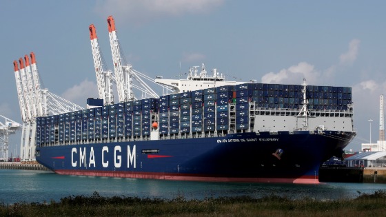 The CMA CGM Antoine de Saint Exupery container ship sits docked