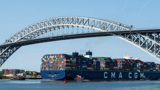 The CMA CGM Marco Polo, an Explorer class container ship crosses the Bayonne bridge