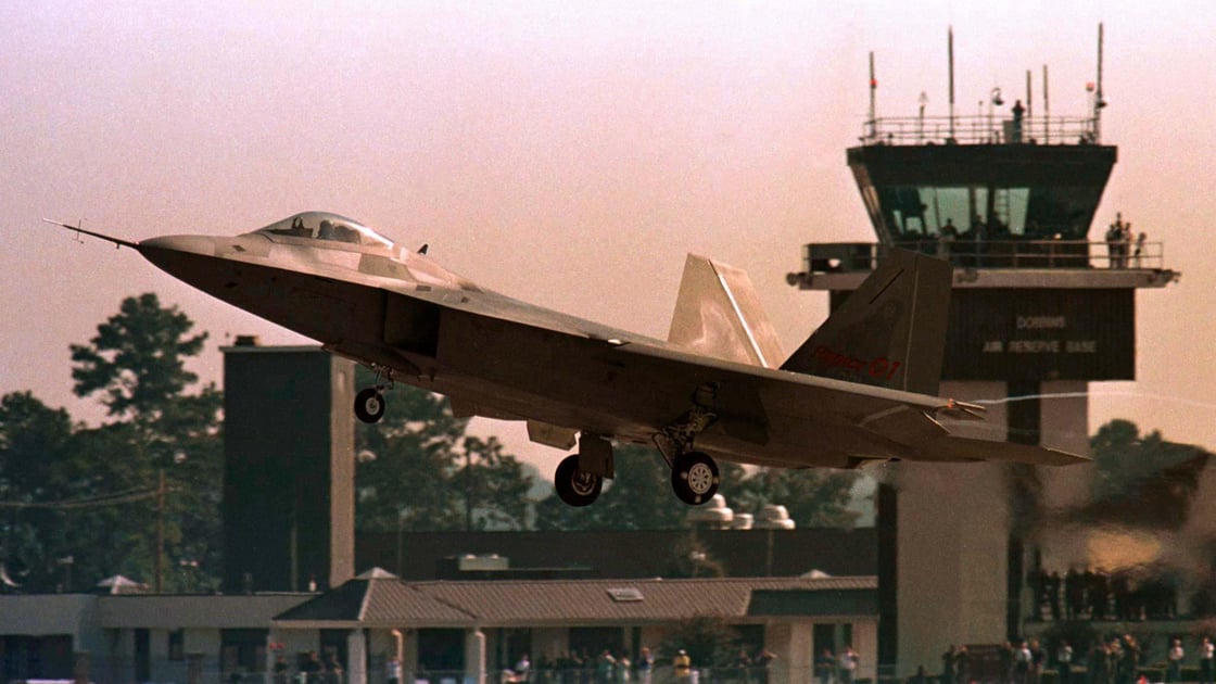 The F-22 Raptor takes off for its maiden flight at the Lockheed Martin facility at Dobbins Air Force Base in Marietta