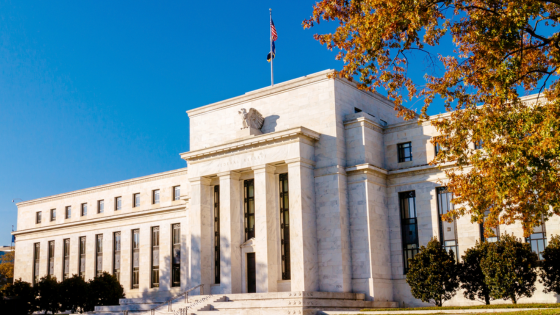 The Federal Reserve building at sunset