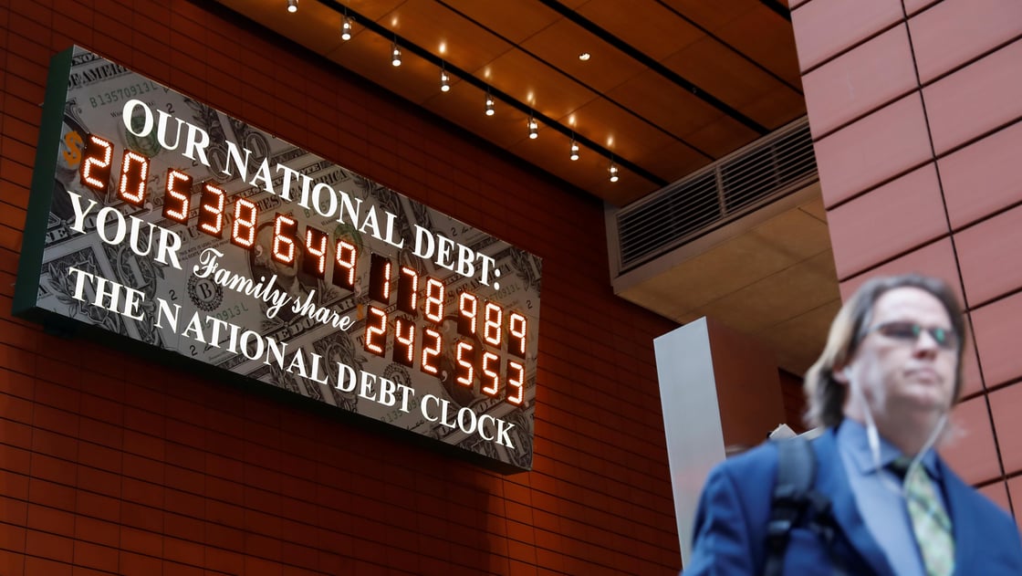 The National Debt Clock is seen in the Manhattan borough of New York City, New York