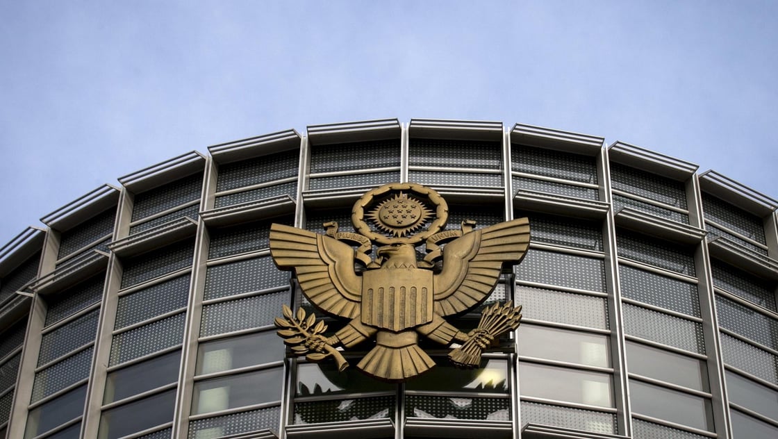 The Seal of the United States of America is seen on the Brooklyn Federal Courthouse in the Brooklyn