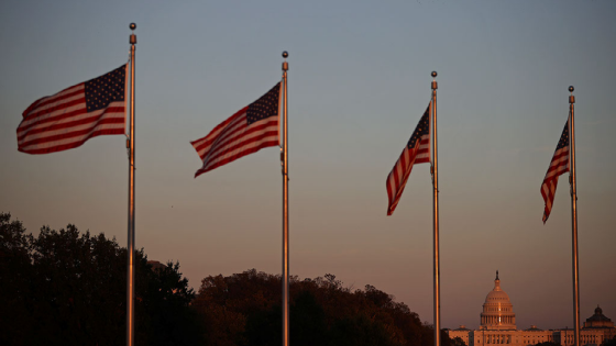 The United States Capitol is pictured among U.S. flags during sunset in Washington