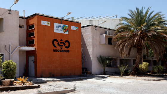 The logo of Israeli cyber firm NSO Group is seen at one of its branches in the Arava Desert of southern Israel 